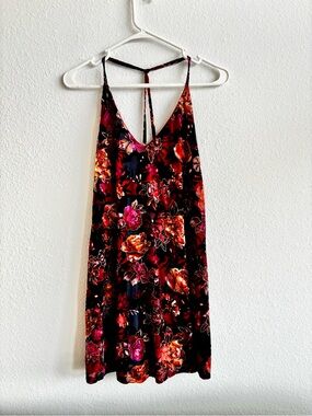 Backless Floral Slip Dress in Black with Red & Pink Blooms
